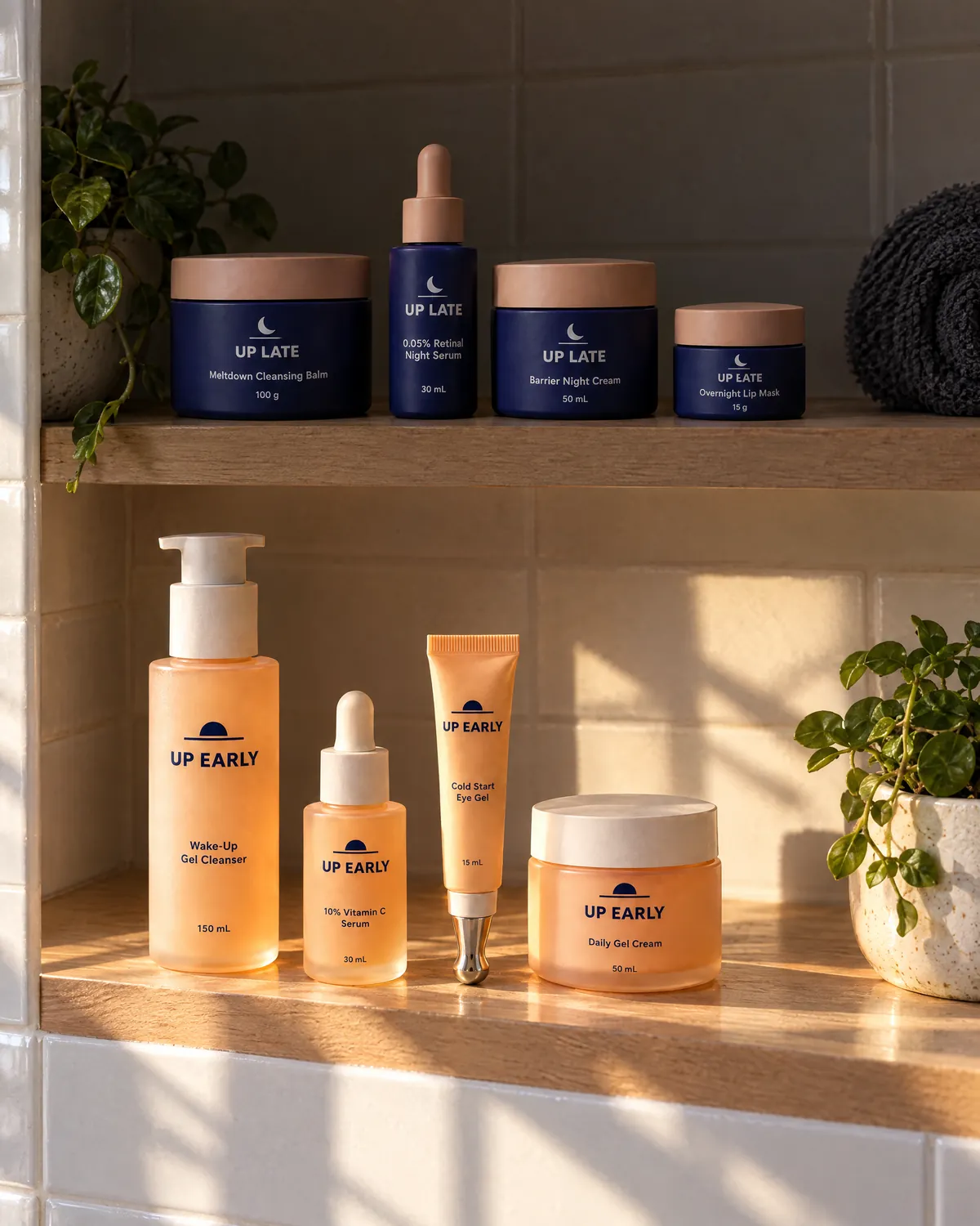 Up Early products on a sunlit bathroom shelf below the Up Late night products