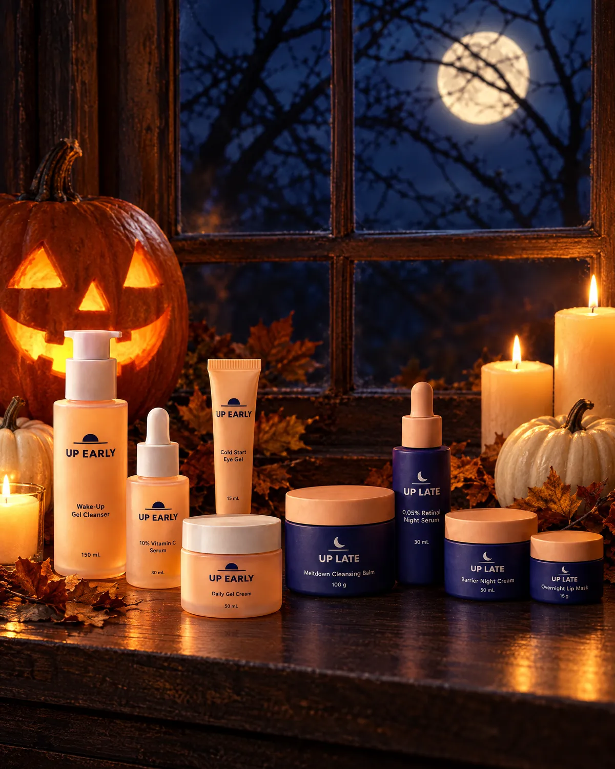 Up Early and Up Late products beside a glowing jack-o'-lantern under a full moon